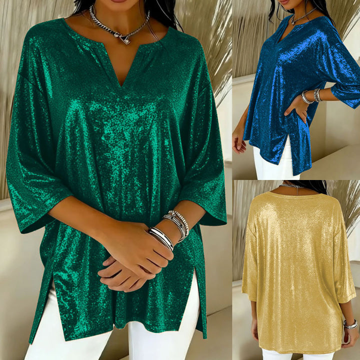 Damen Glänzendes Oversize-Tunika-Shirt mit V‑Ausschnitt und Seitenschlitzen Echoarchiv
