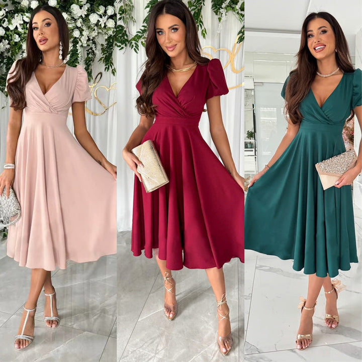 Damen A-Linie Kleid mit Puffärmeln und schmalem V-Ausschnitt – Élara