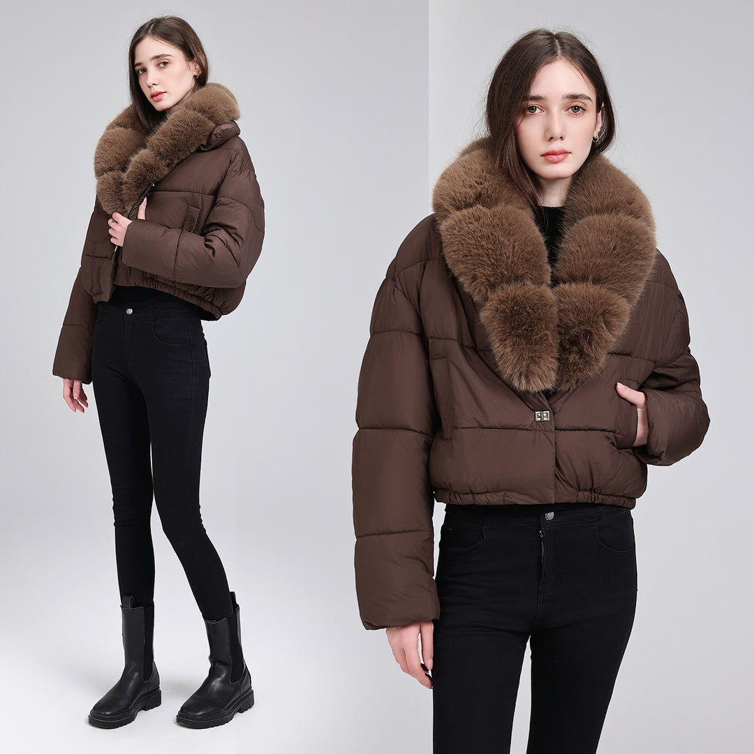 Damen Kurze gesteppte Puffer-Bomberjacke mit extra weitem Kunstfellkragen – Avenza