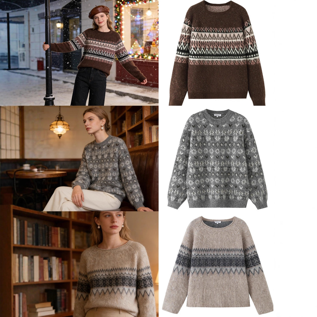 Damen Oversize Mohair-Mix Pullover mit Rundhals und Fair-Isle-Muster Echo Archiv