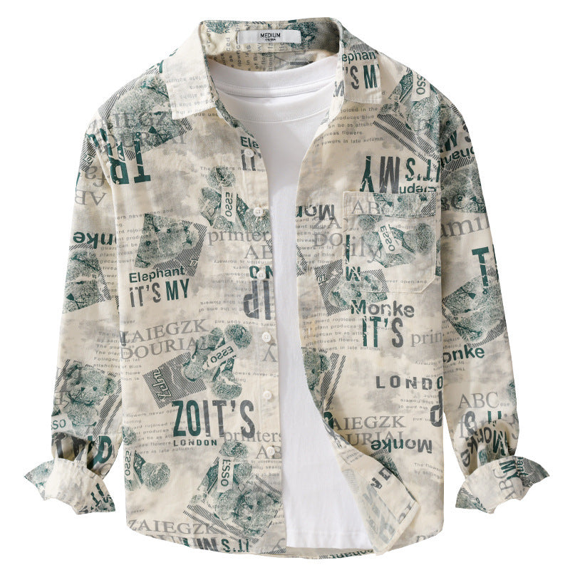 Herren Overshirt aus Baumwoll‑Leinen mit typografischem Zeitungsprint und Relaxed‑Fit Echoarchiv