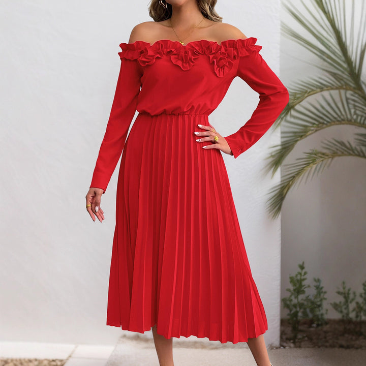 Damen Elegantes Off-Shoulder Plissee Kleid Echo Archiv