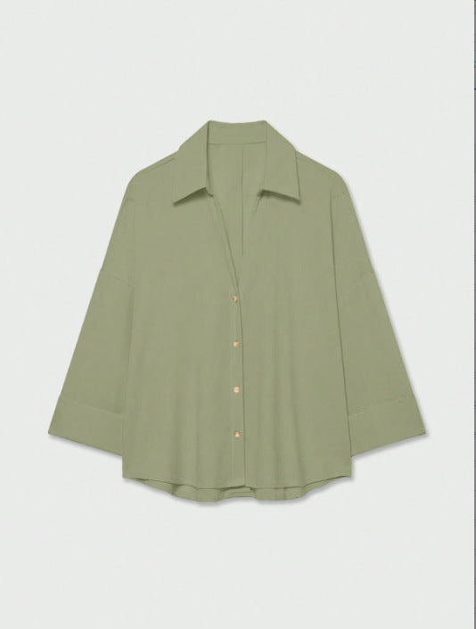 Damen Leichte Oversize Leinenoptik Bluse mit Dreiviertelärmeln und durchgehender Knopfleiste Echoarchiv
