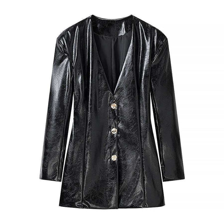 Damen Langer Lackleder-Blazer mit taillierter Silhouette, tiefem V‑Ausschnitt und Zierknöpfen Echo Archiv