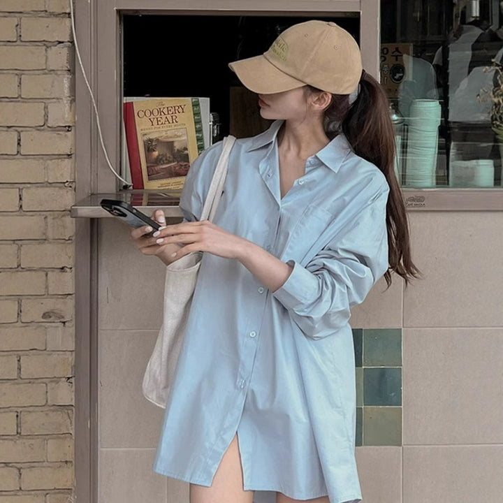 Damen Leichtes Oversize-Popeline Hemdshirt-Minikleid mit kastiger Silhouette und weiten Manschetten – Élara