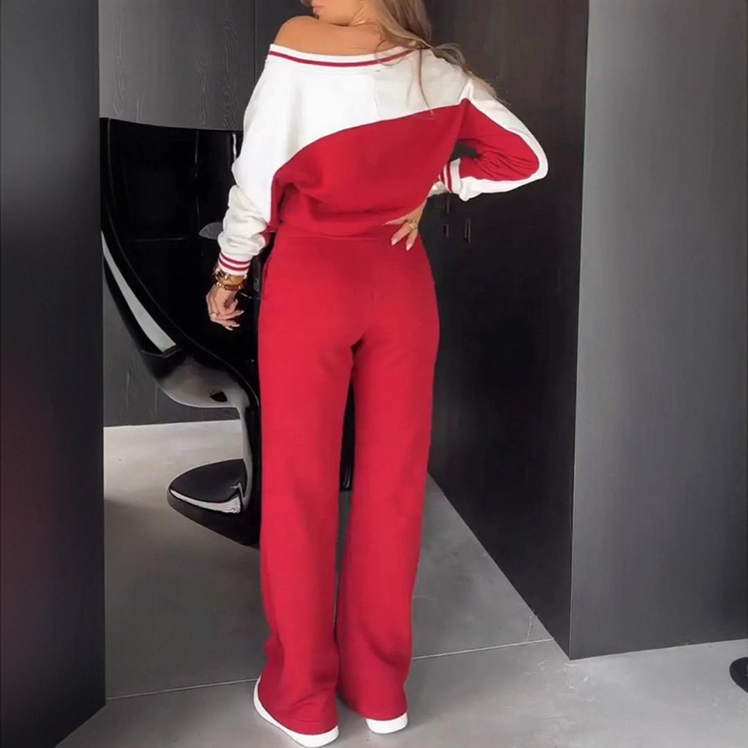 Damen nan sportlich-elegantes Zweiteiler-Set aus Baumwollmix mit V-Ausschnitt Sweatpullover und hochgeschnittener Schlaghose Echo Archiv