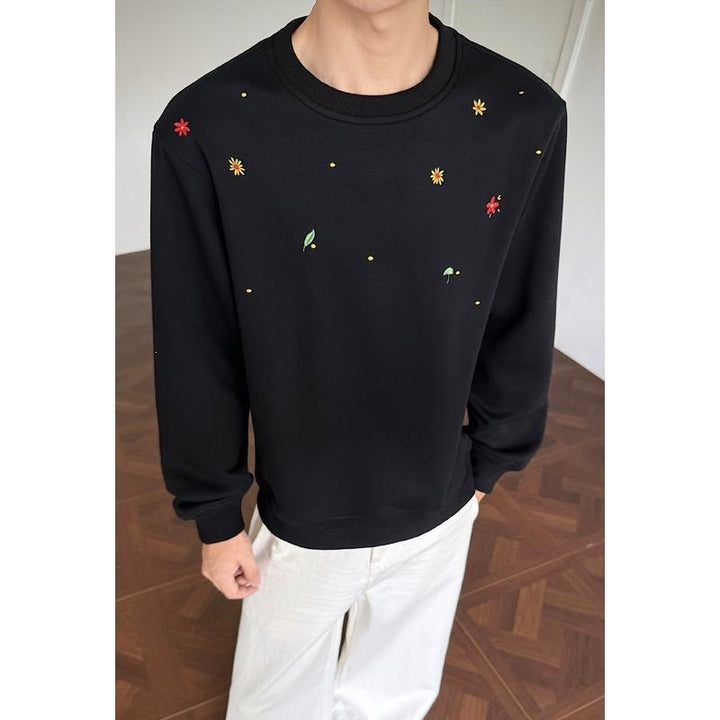 Herren Rundhals-Sweatshirt mit minimalistischer Blumenstickerei und cleanem Schnitt – Norvane