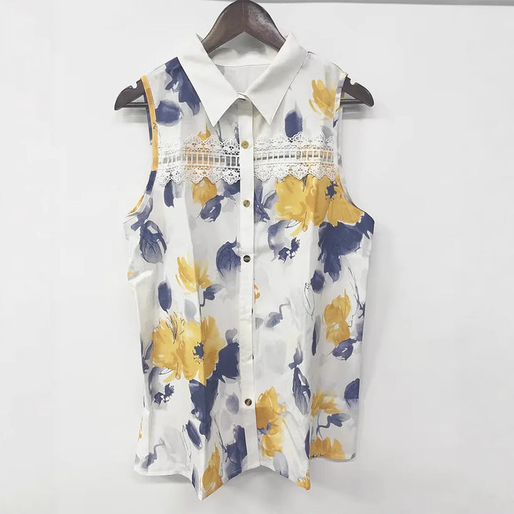 Damen nan Seidenimitat-Buttondown-Top mit Spitzenpasse und Perlenknopfleiste Echo Archiv