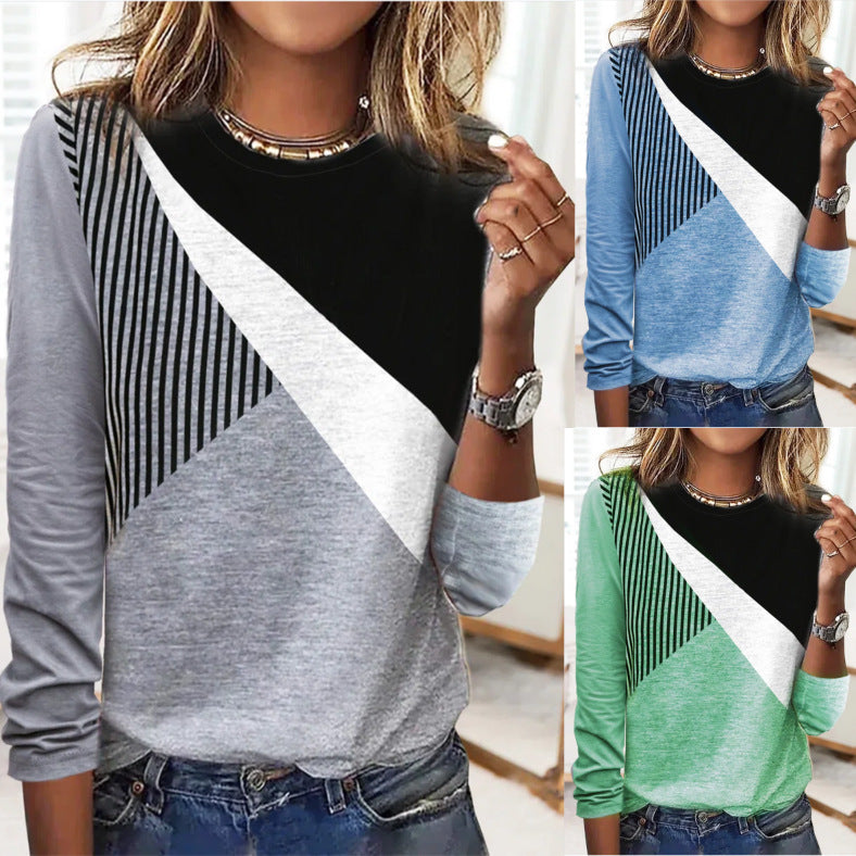 Damen Farbblock Langarmshirt mit schrägem Streifenmuster und Rundhalsausschnitt Echoarchiv