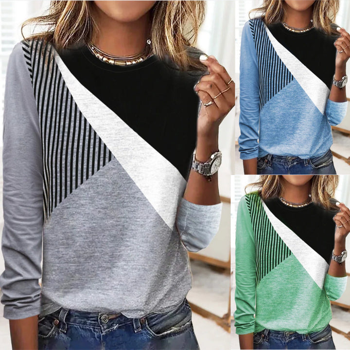 Damen Farbblock Langarmshirt mit schrägem Streifenmuster und Rundhalsausschnitt Echoarchiv