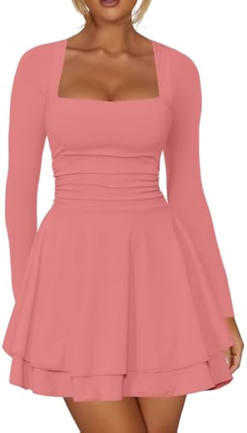 Damen Figurbetontes Jersey-Minikleid mit quadratischem Ausschnitt, taillierter Passform und Stufenrock – Élara