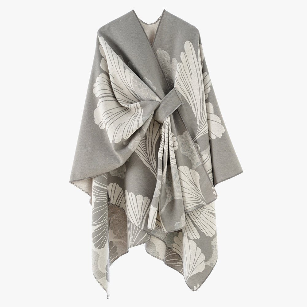 Damen Wickelponcho aus Jacquard mit floralem Muster und Taillengürtel – Avérine