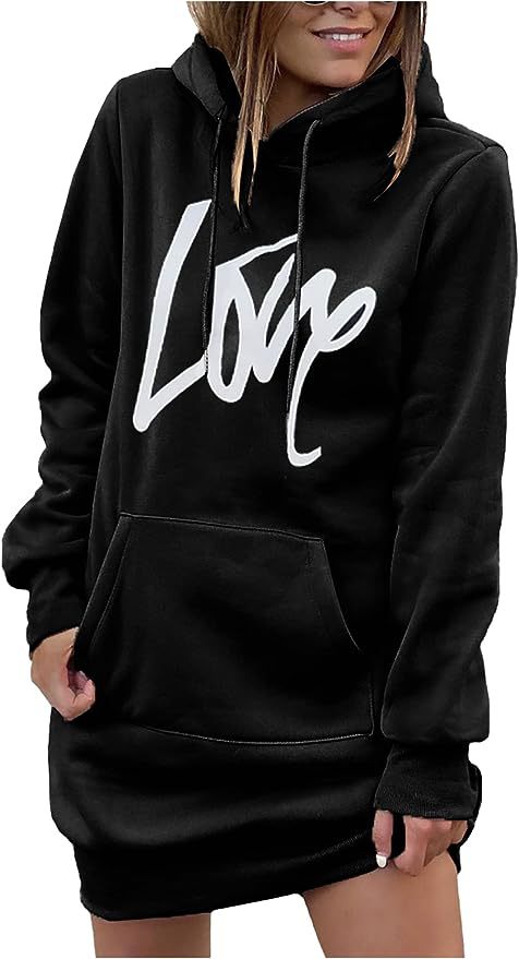 Damen Fleece-Kapuzenkleid mit Kängurutasche, Daumenlochärmeln und Oversize-Sweatshirt-Schnitt Echoarchiv