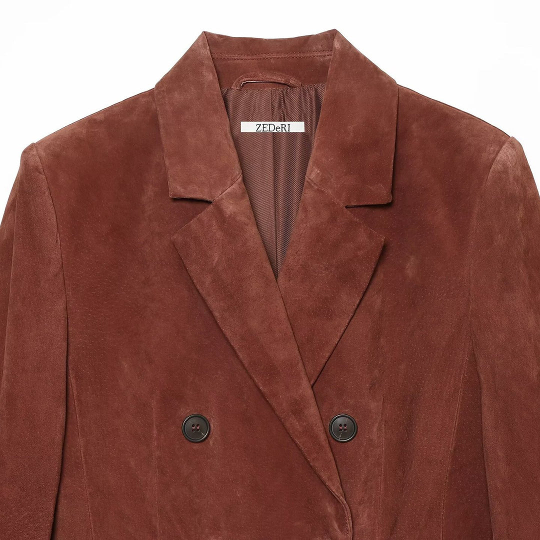 Damen Cropped zweireihiger Veloursblazer mit taillierter Passform und Leistentaschen Echoarchiv