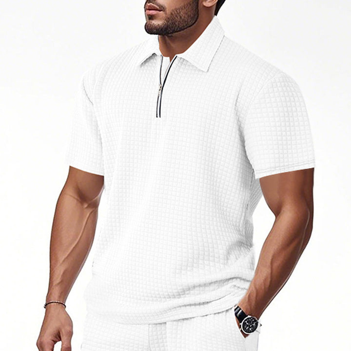 Herren Kurzarm-Henley-Shirt aus strukturierter Baumwollmischung mit Reißverschluss Echoarchiv