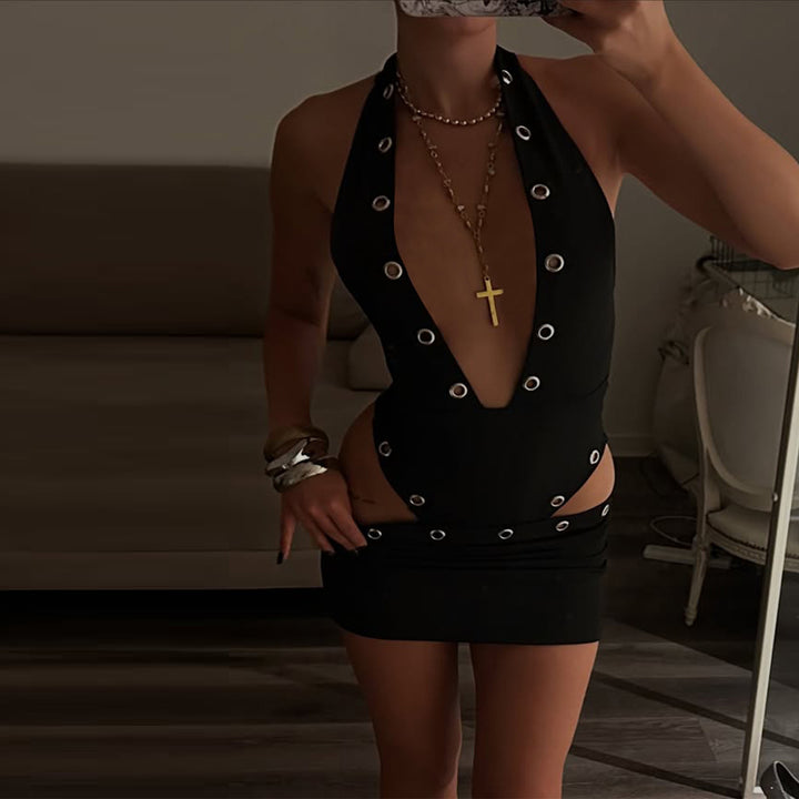 Damen Figurumspielendes Minikleid mit tiefem V-Ausschnitt und Knopfdetails Echo Archiv