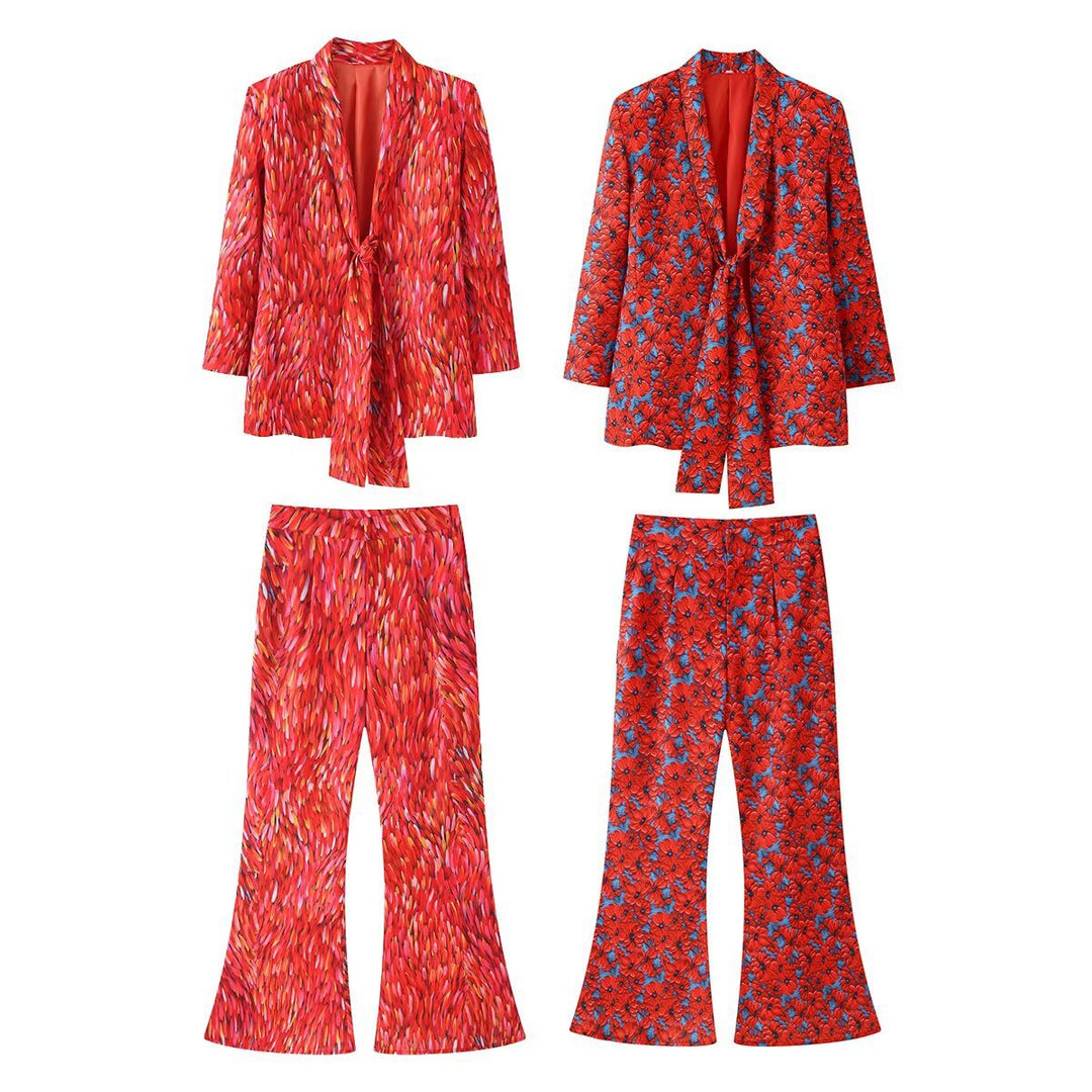 Damen Zweiteiliges Satin-Set mit lockerem Knotenblazer und ausgestellter Schlaghose Echo Archiv