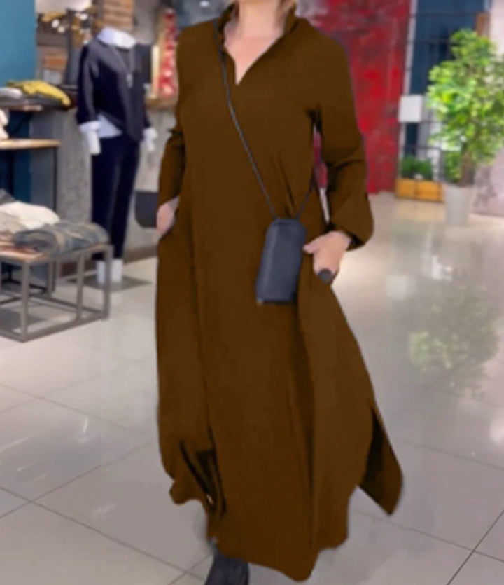 Damen Lange Maxi Kleid mit Stehkragen, Seitentaschen und Lockerem Fall Echoarchiv