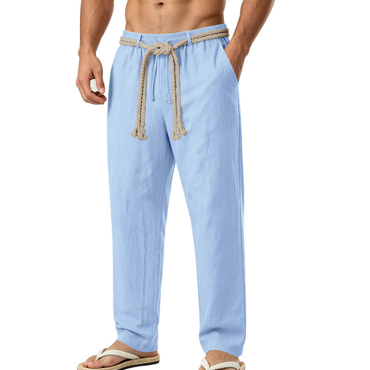 Herren lässige Leinen-Loungehose mit elastischem Bund, dekorativem Seilgürtel und Seitentaschen Echoarchiv