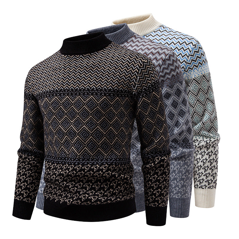 Herren Feinstrick-Mockneck-Pullover mit geometrischem Jacquard und gerippten Abschlüssen Echo Archiv