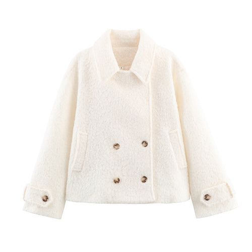 Damen kastige Bouclé-Jacke mit kurzem Schnitt, doppelreihiger Knopfleiste und Manschettenriegel – Célinea