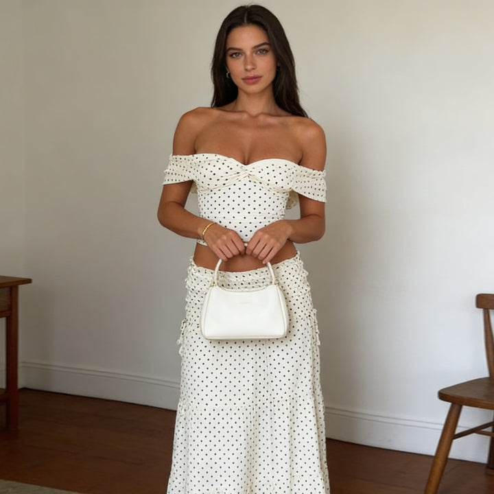 Damen Zweiteiliges Polka-Dots Set mit schulterfreiem Oberteil und schwingendem Rock Echo Archiv