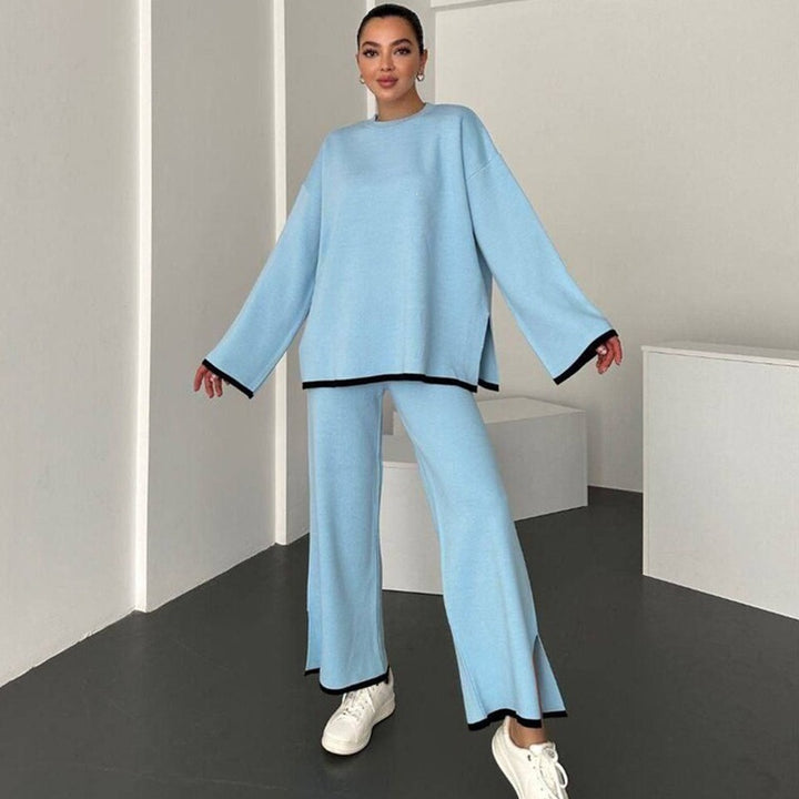 Damen Lässiges Strick-Relax-Set mit weitem Oversize-Pullover und ausgestellter Schlaghose Echoarchiv