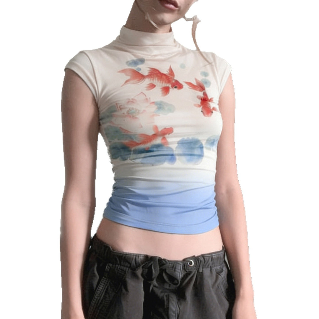 Damen Kurzarmshirt mit floralem Motiv und hochgeschlossenem Kragen Echo Archiv