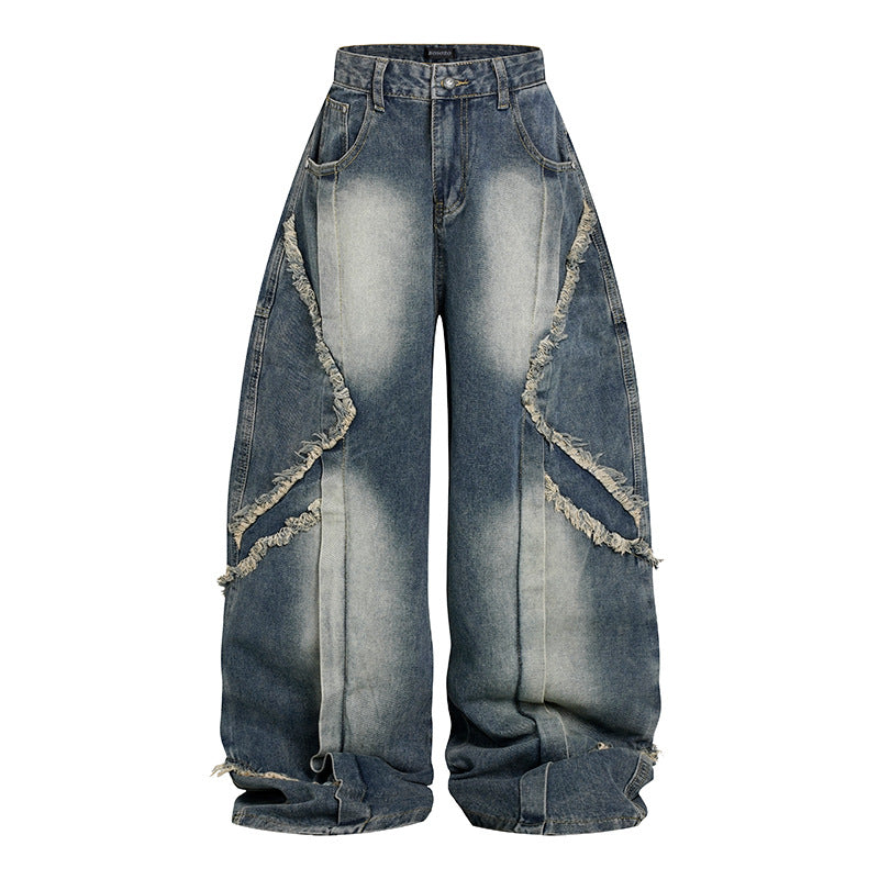 Damen Hochtaillierte weite Baggy-Jeans mit ausgefransten Lagenpanelen und Used-Look Echoarchiv