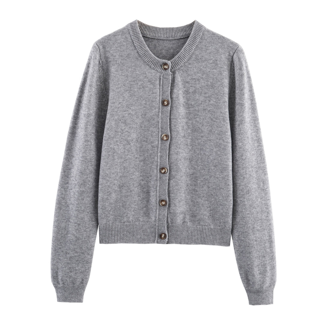 Damen feiner Knopfcardigan mit Rundhalsausschnitt, durchgehender Knopfleiste, geripptem Saum und schmaler Silhouette – Veloura