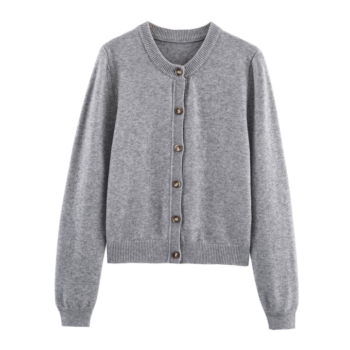 Damen feiner Knopfcardigan mit Rundhalsausschnitt, durchgehender Knopfleiste, geripptem Saum und schmaler Silhouette – Veloura