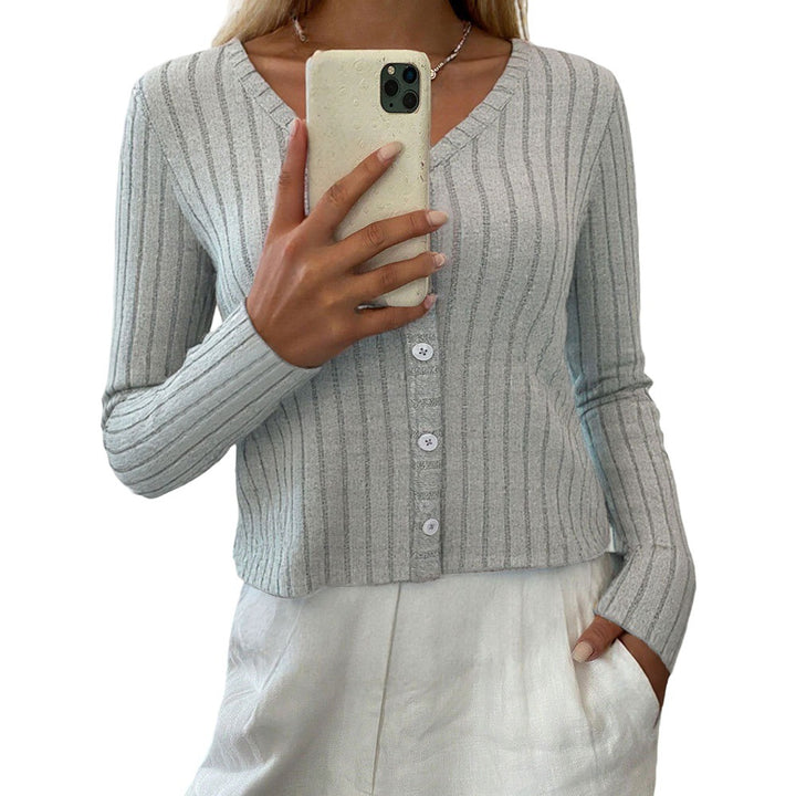 Damen gerippter taillierter V‑Ausschnitt Knopfcardigan Feinstrick – Veloura