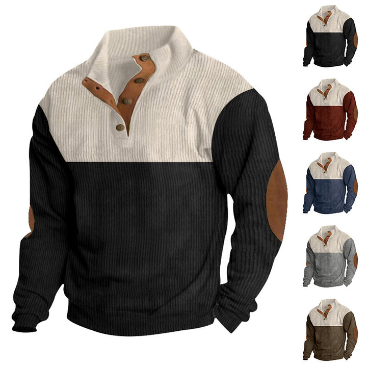 Herren nan gerippter Henley-Strickpullover mit Stehkragen Kontrastpasse und Ellbogenpatches Echo Archiv