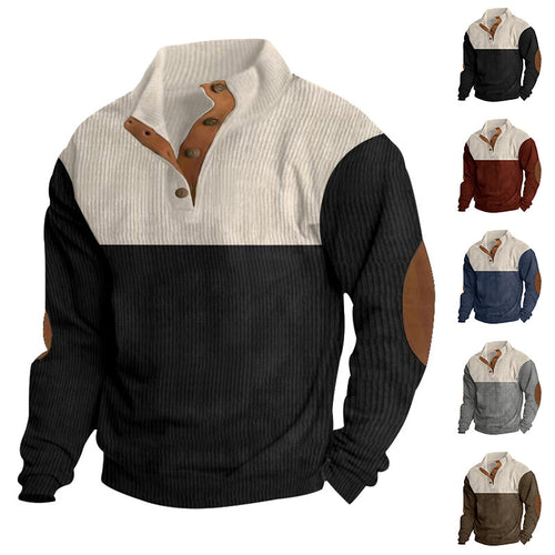 Herren nan gerippter Henley-Strickpullover mit Stehkragen Kontrastpasse und Ellbogenpatches Echo Archiv