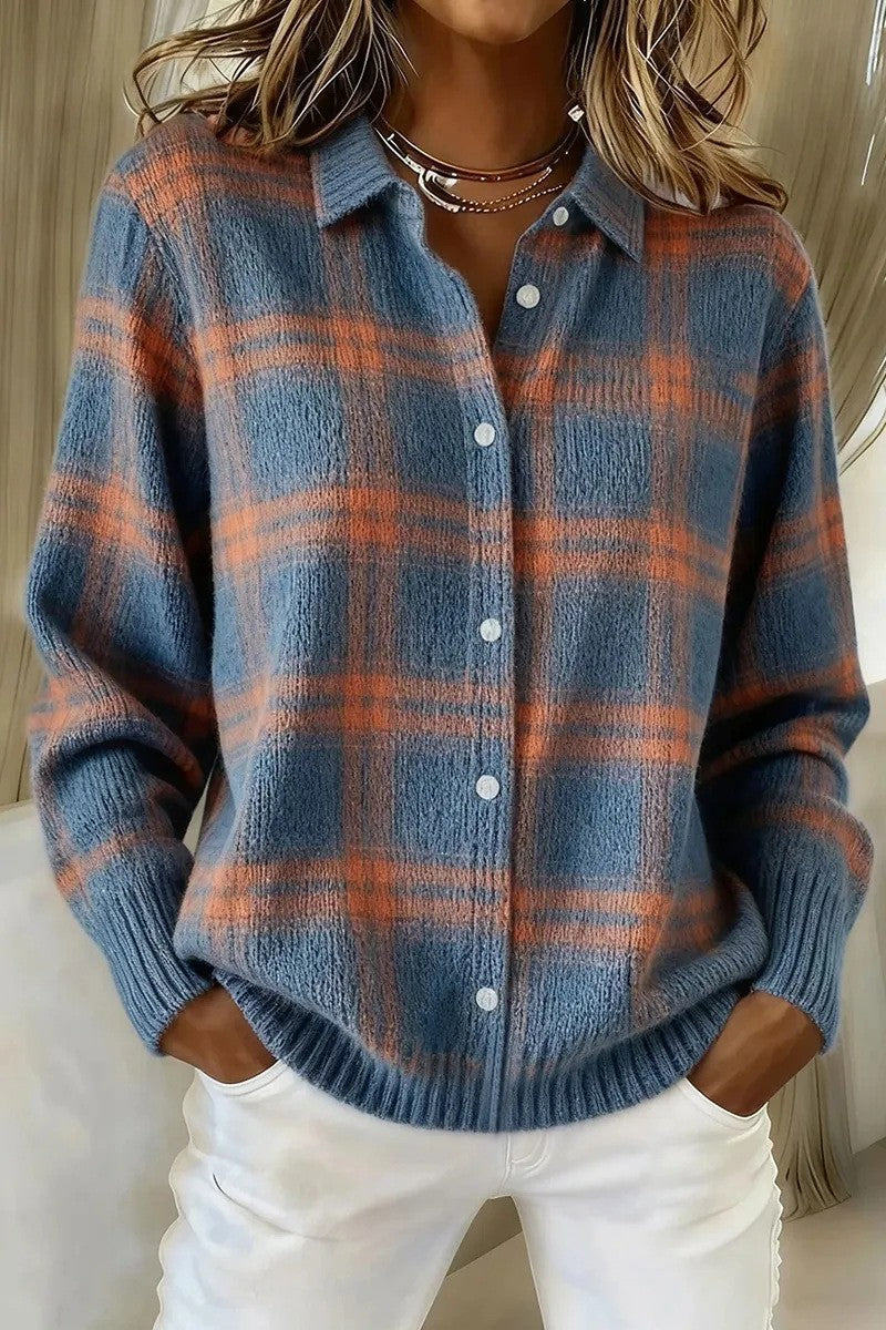 Damen Kariertes Strick-Hemdjacke-Cardigan mit Hemdkragen und gerippten Bündchen Echoarchiv