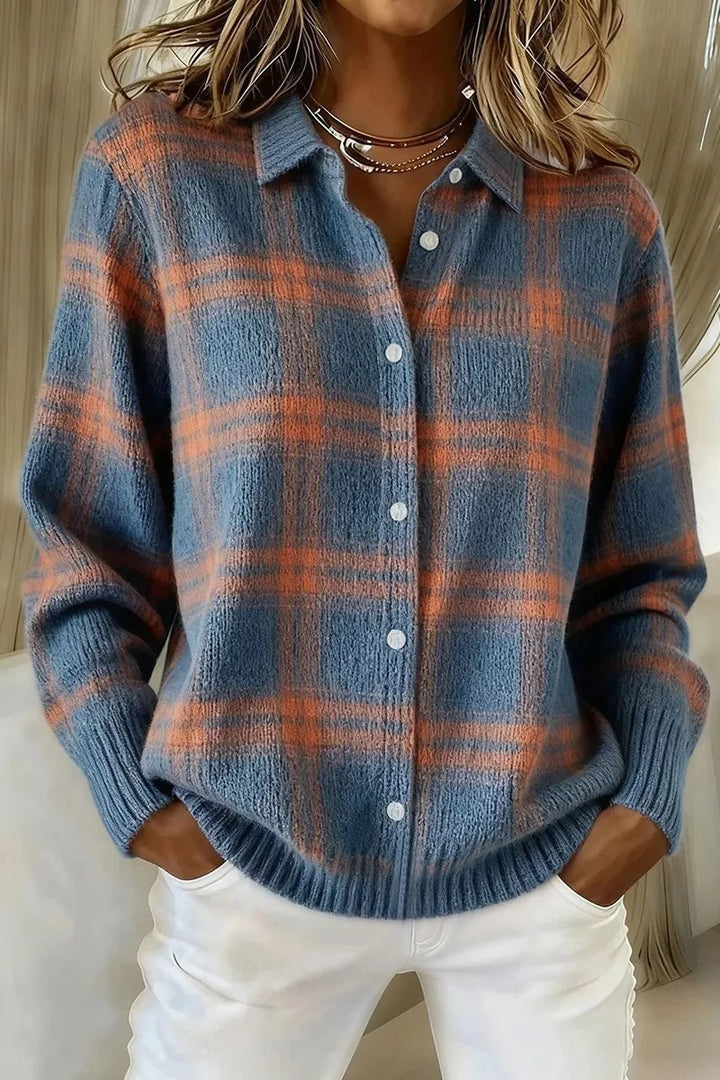 Damen Kariertes Strick-Hemdjacke-Cardigan mit Hemdkragen und gerippten Bündchen Echoarchiv