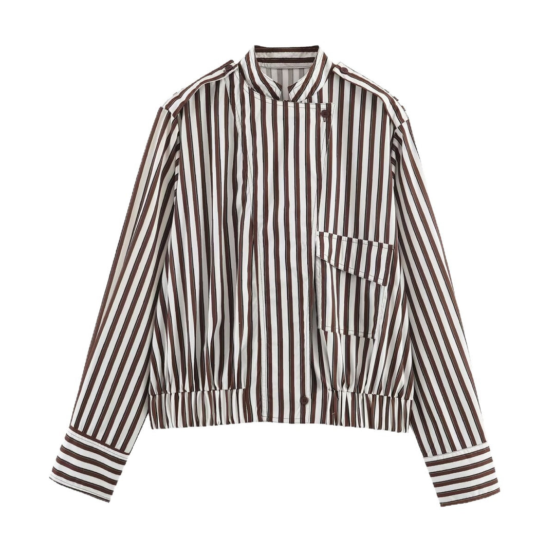 Damen Gestreifte Cropped‑Hemdblusen‑Jacke mit Stehkragen, asymmetrischer Klappentasche und elastischem Saum Echoarchiv