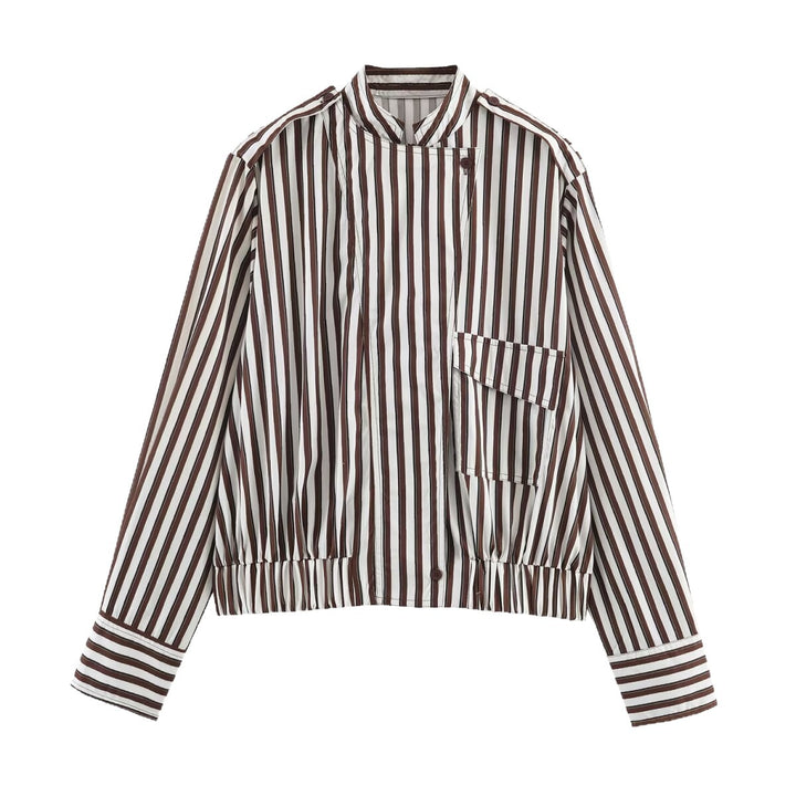 Damen Gestreifte Cropped‑Hemdblusen‑Jacke mit Stehkragen, asymmetrischer Klappentasche und elastischem Saum Echoarchiv