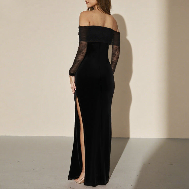 Damen schulterfreies Abendkleid mit Spitzenärmeln und langer Silhouette Echo Archiv
