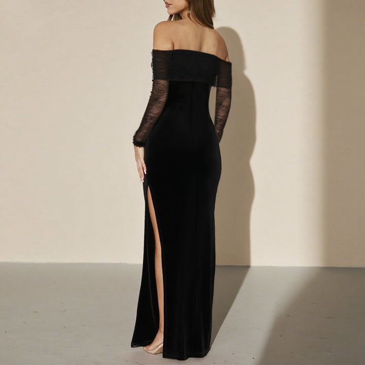 Damen schulterfreies Abendkleid mit Spitzenärmeln und langer Silhouette Echo Archiv