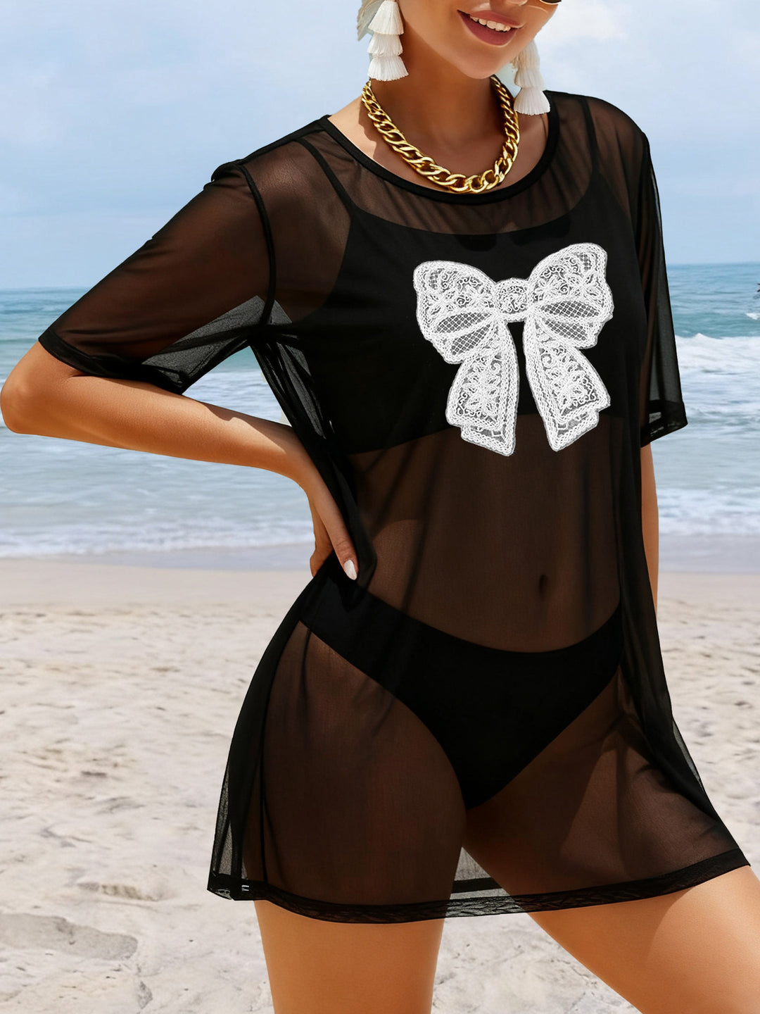 Damen transparenter Strandüberwurf mit filigranem Spitzenmuster Echo Archiv