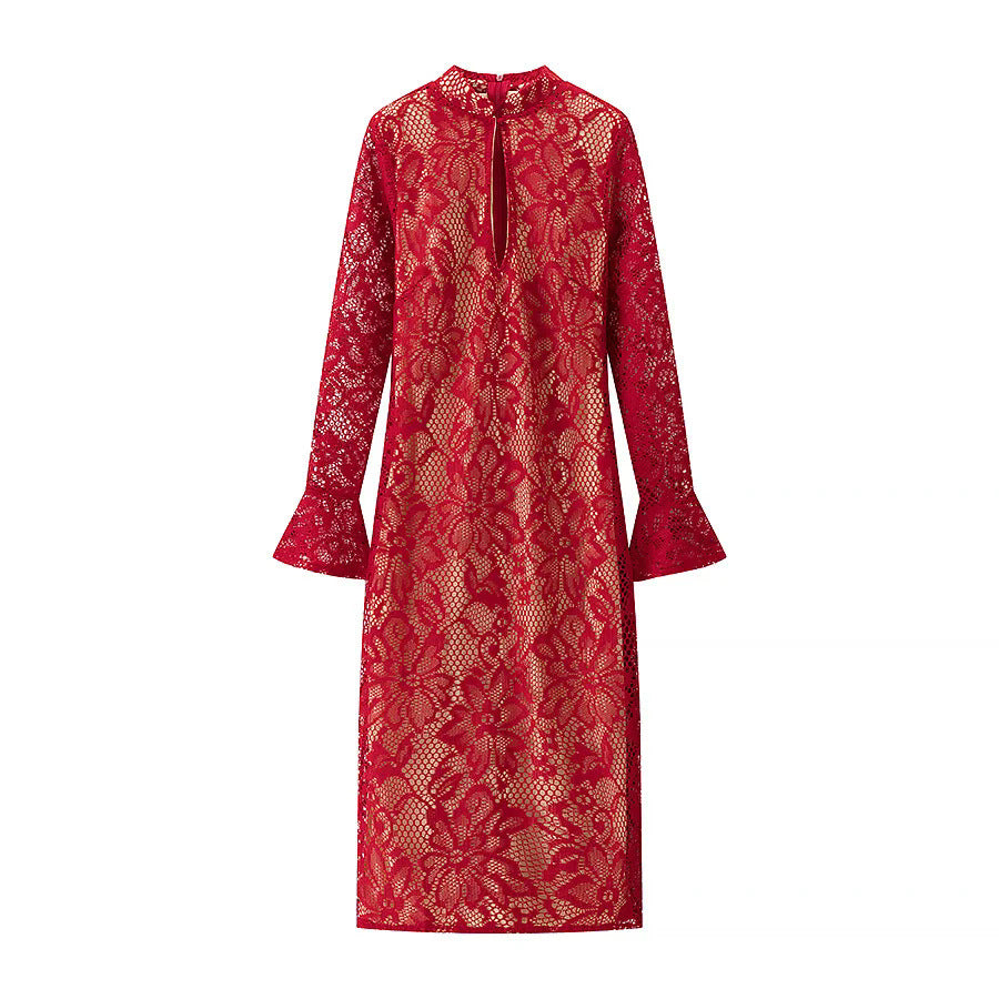 Damen florales Spitzen-Midikleid mit gefüttertem Nude-Unterkleid, Stehkragen, V-Schlitz und Glockenärmeln – Élara