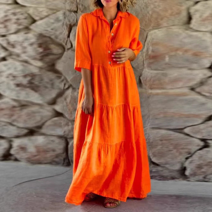 Damen nan sommerliches Leinenmix Stufenmaxikleid mit Hemdkragen, geraffter Taille und ellbogenlangen Ärmeln Echo Archiv