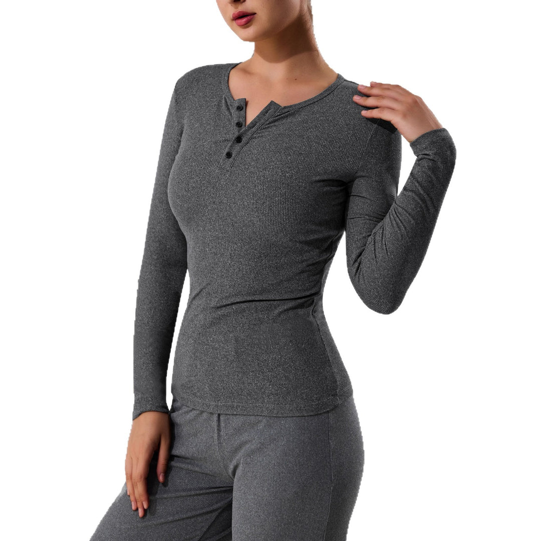 Damen Geripptes Henley-Langarmshirt mit Knopfleiste und figurnahem Schnitt echoarchiv-