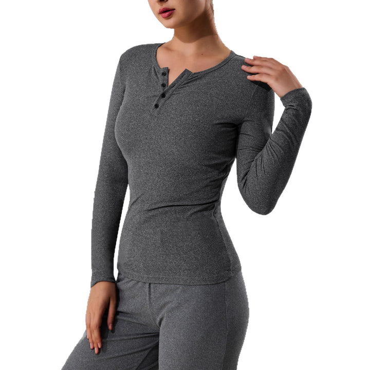 Damen Geripptes Henley-Langarmshirt mit Knopfleiste und figurnahem Schnitt echoarchiv-