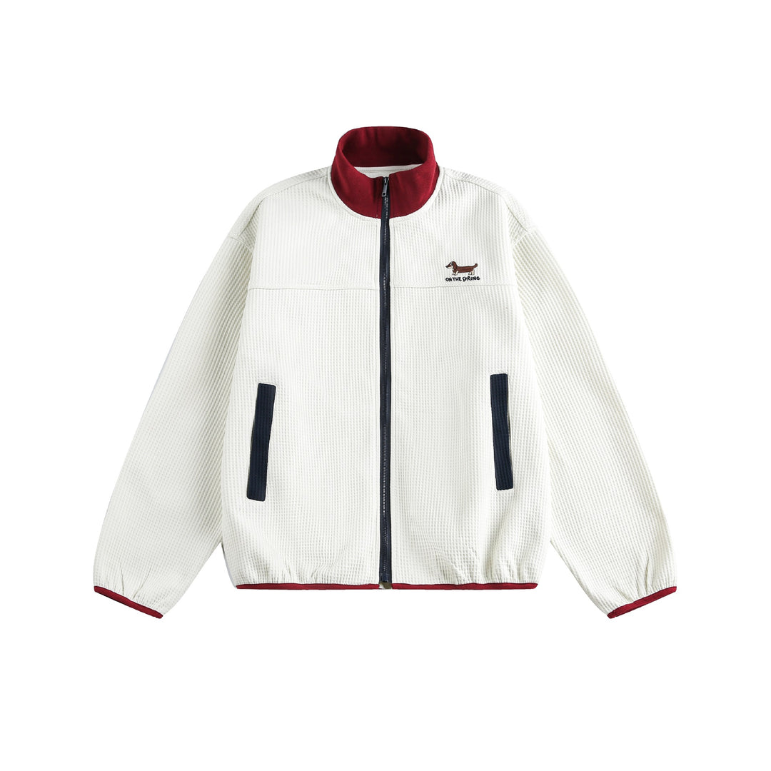 Damen Waffelstruktur Zipjacke im Boxy‑Cut mit Stehkragen und Hundestickerei Echoarchiv