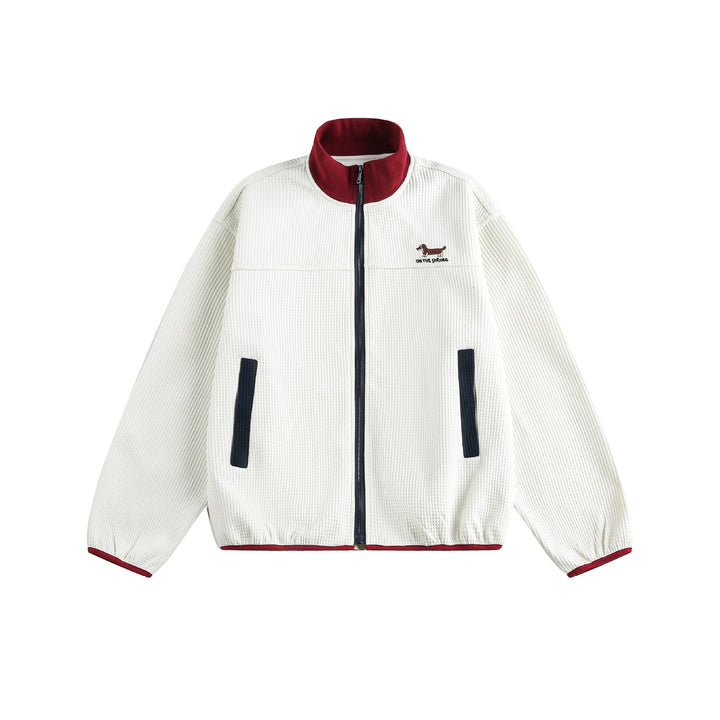 Damen Waffelstruktur Zipjacke im Boxy‑Cut mit Stehkragen und Hundestickerei Echoarchiv