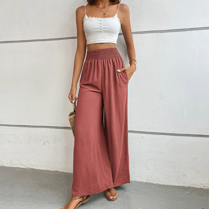 Damen Palazzo-Hose mit hohem, elastischem Rüschenbund und Eingrifftaschen – Avélisse