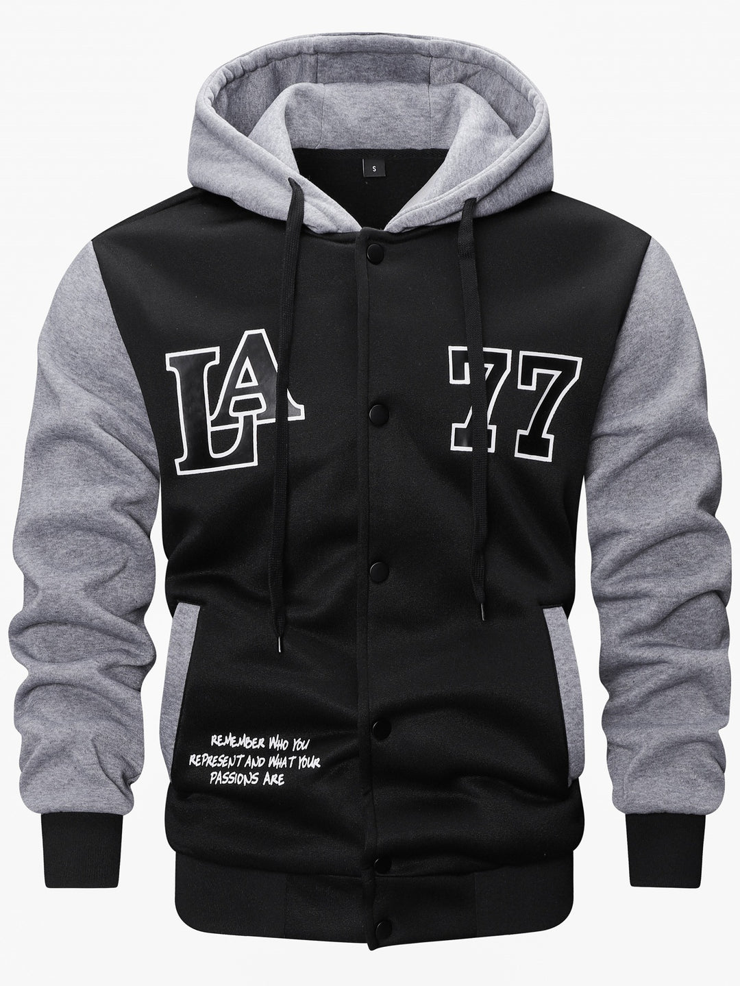Herren Varsity-Kapuzenjacke im College‑Look mit Druck, Druckknopf‑Front und Kontrastärmeln Echoarchiv