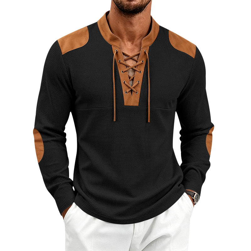 Herren Langarm-Waffelshirt mit Schnürkragen und Kunstlederapplikationen – Marzano